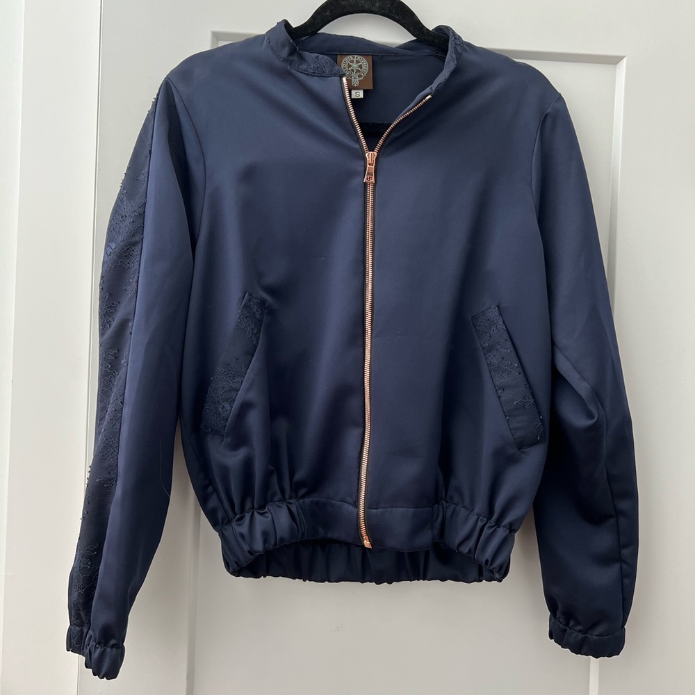 Navy Bomber Jacket with lace detail